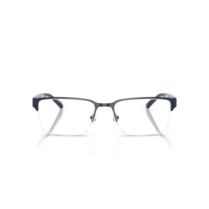 Front view of rectangular eyeglasses with a dark blue frame and clear lenses on a white background, centered.
