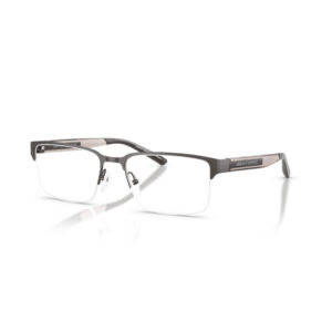 Rectangular eyeglasses with a dark gray metal frame, clear lenses, and pink-accented temples.