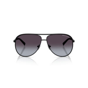 Aviator-style black metal sunglasses with gradient lenses from dark purple to light gray, branded Armani Exchange.