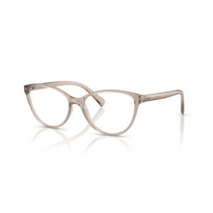 Clear beige-framed eyeglasses with rounded square lenses on a white background.
