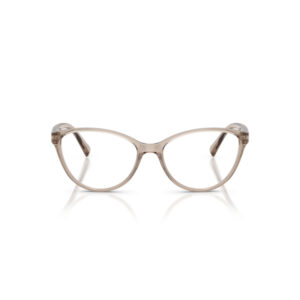 Beige oval eyeglasses with clear lenses on a white background