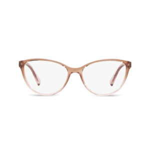 Pink translucent cat-eye eyeglasses centered on a white background.