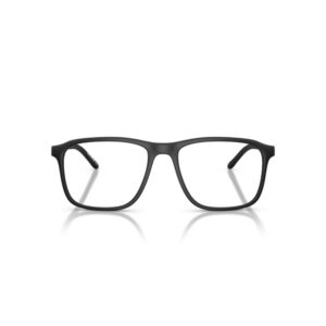 Black rectangular eyeglasses viewed head-on, with subtle reflections on a white surface