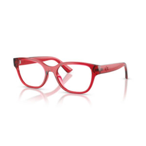 Red rectangular eyeglasses with thick frames on a white background.