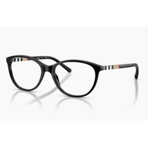 Black rectangular eyeglasses with striped temple accents on a white background.