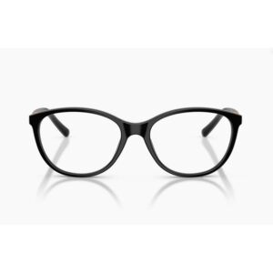 Front view of black full-rim eyeglasses on a white background, showing oval lenses and glossy frame surface.