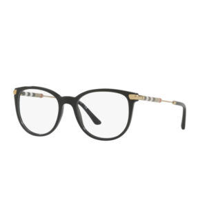 Black-framed eyeglasses with gold accents on the temples and patterned arms.