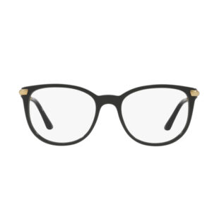 Black framed eyeglasses with clear lenses and small gold accents at the hinges at the temples.