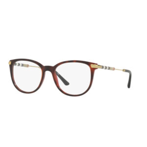 Brown tortoiseshell eyeglasses with rectangular frames, gold-tone accents, and patterned silver-gray temples.