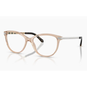 Front-facing view of pink translucent eyeglasses with black patterned temples and light gray accents, shown at a slight angle.
