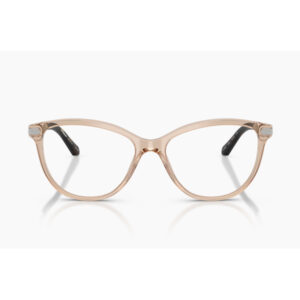 Pink translucent, rounded rectangular eyeglasses facing forward on a white background.