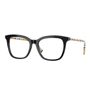 Black rectangular eyeglasses with thick frames and patterned striped temples.
