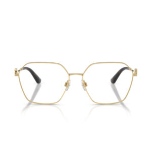 Gold-ramed rectangular eyeglasses with nose pads and black temple tips on a white background