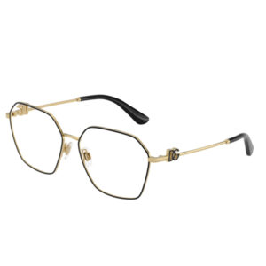 Gold metal square eyeglasses with adjustable nose pads and black temple tips, featuring DG logo on the bridge