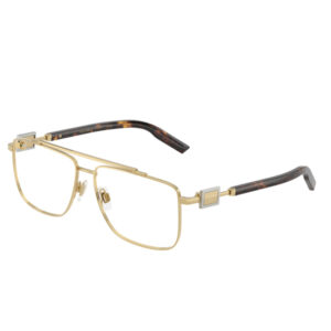 Gold metal rectangular eyeglasses with clear nose pads and tortoiseshell temples.