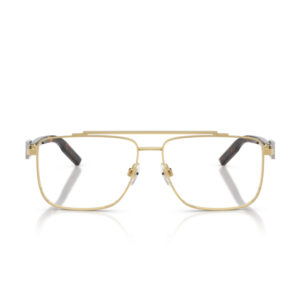 Gold metal aviator-style eyeglasses with rectangular lenses and adjustable nose pads, front view.1
