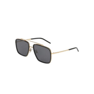 Gold-framed sunglasses with square dark gray lenses and black temple tips on a white background.
