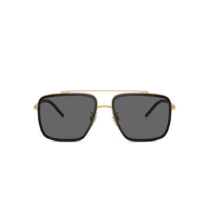 Gold-framed sunglasses with dark rectangular lenses, shown from the front