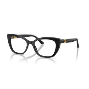 Black plastic square-framed eyeglasses with gold logo on the temples, on a white background.