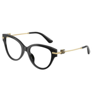 Black eyeglasses with round cat-eye frames and slim gold temples, featuring a decorative logo at the hinges.
