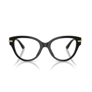 Black cat-eye eyeglasses with subtle gold accents at temples, shown head-on against a white background in a product shot. Readable and sleek.