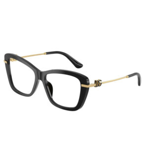 Black square-frame eyeglasses with gold-tone metal temples and a small logo near the hinges on the temple