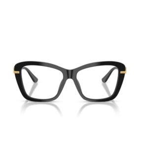 Black rectangular eyeglasses with gold accents at the temples, facing forward.