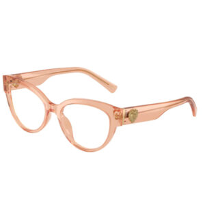 Pink translucent eyeglasses with round frames and a gold heart emblem on the temple arm surface of the glasses.