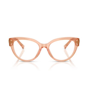 Peach translucent cat-eye eyeglasses with clear lenses, facing forward.