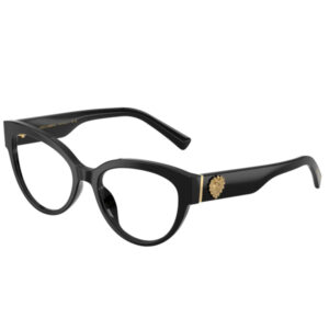 Black acetate eyeglasses with round lenses and a gold crest detail on the temple arm.
