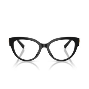 Front view of black plastic eyeglasses with a rounded-cat-eye frame.
