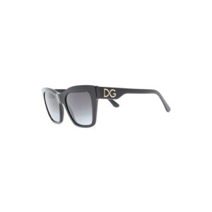 Dolce & Gabbana black square-frame sunglasses with gradient lenses and a gold DG logo on the temple to the side袖.