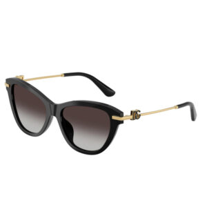 Black cat-eye sunglasses with gradient lenses and slim gold-tone temples, featuring a DG logo on the sides
