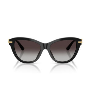 Black sunglasses with gradient lenses and gold hinge accents, shown from the front (product shot).