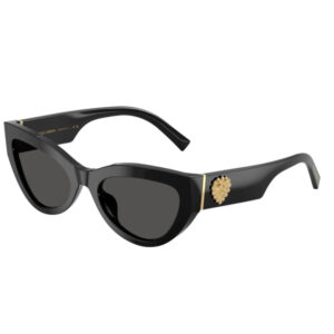 Black cat-eye sunglasses with dark lenses and a gold emblem on the temple.