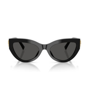 Black cat-eye sunglasses with dark lenses and gold accents at the hinges.