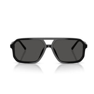 Black eyewear with thick rectangular lenses and a wraparound frame, sunglasses resting on a white background