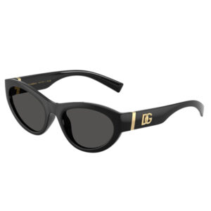 Black Dolce & Gabbana sunglasses with a gold DG logo on the temple and dark lenses (cat-eye style).
