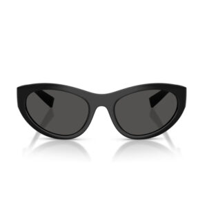 Black cat-eye sunglasses with dark lenses on a white background, highlighting a sleek glossy frame.