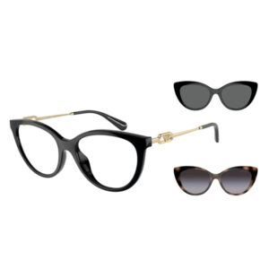 Bold black oversized eyeglasses with gold-tone temples, flanked by two smaller sunglasses—black cat-eye and tortoiseshell gradient.