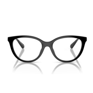 Black cat-eye eyeglasses with clear lenses on a white background, reflected on a surface.