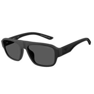 Black wraparound sunglasses with dark lenses and wide, chunky frame.
