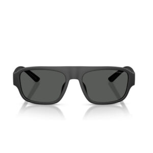 Front view of black sunglasses with dark rectangular lenses