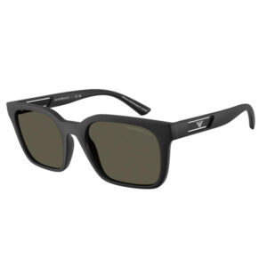 Black rectangular sunglasses with dark brown lenses and Armani logo on the temple.