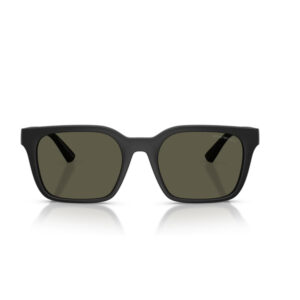 Black rectangular sunglasses with olive-green lenses, front view of the product