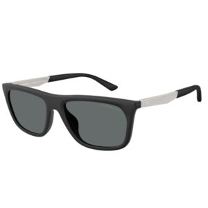 Black-framed sunglasses with dark gray lenses and silver temple accents on the sides of the frame.