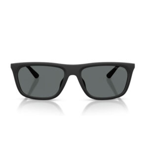 Front view of black rectangular sunglasses with dark gray lenses.