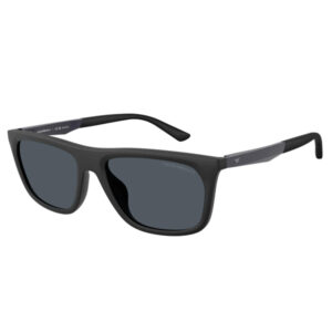 Pair of black rectangular sunglasses with dark lenses and gray temples on a white background.