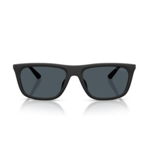 Black wayfarer-style sunglasses with dark lenses, front view on a white background