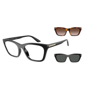 Oversized black prescription glasses with a thick frame, plus two sunglasses: tortoiseshell cat-eye and black with gold accents.